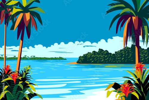Tropical landscape with palm trees,  flowers, islands, clouds and the sea in the background. Handmade drawing vector illustration. Retro style poster.