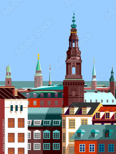 European cityscape with traditional houses, roofs, churches, bell towers. Retro style vector poster.