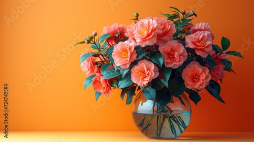  a vase filled with lots of pink flowers on top of a table next to an orange wall and a green leafy plant in the center of the vase on the side of the vase.