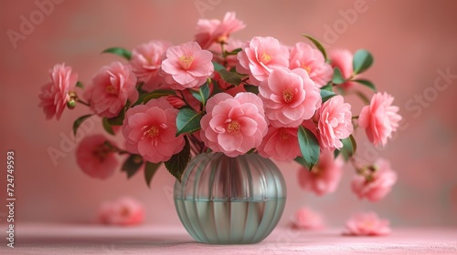  a vase filled with pink flowers sitting on top of a pink table next to a pink wall and a green vase filled with pink flowers on the side of the table.