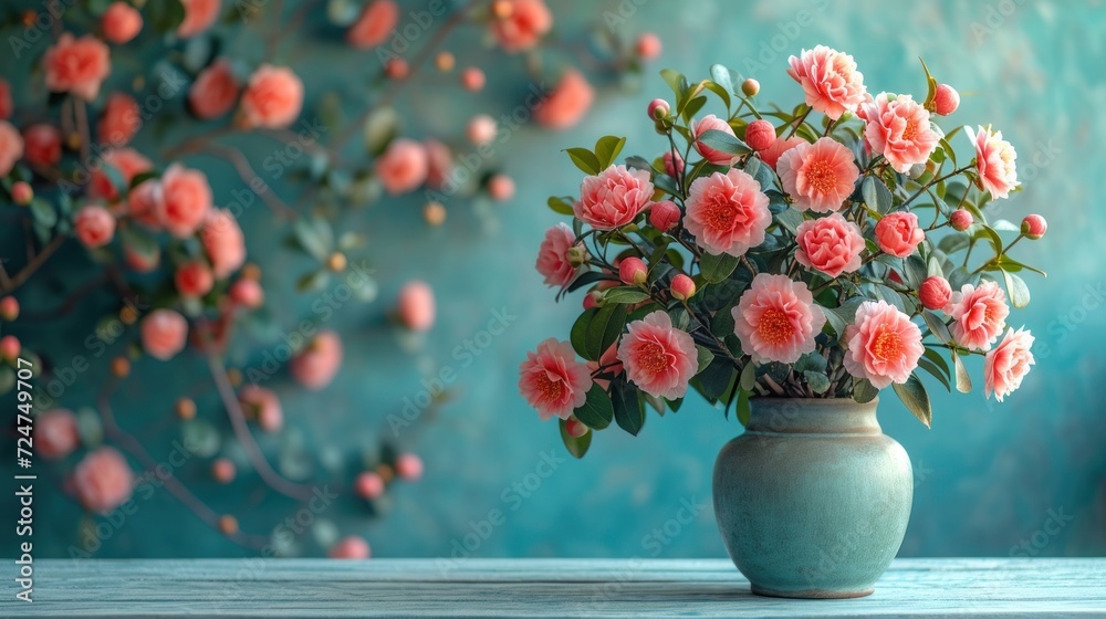  a vase filled with lots of pink flowers on top of a wooden table in front of a wall with a painting of pink flowers on the side of the wall.