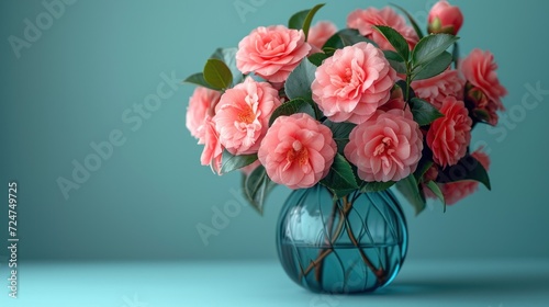 Wallpaper Mural  a blue vase filled with pink flowers on top of a blue table next to a green wall and a blue wall behind the vase is a blue vase with pink flowers. Torontodigital.ca