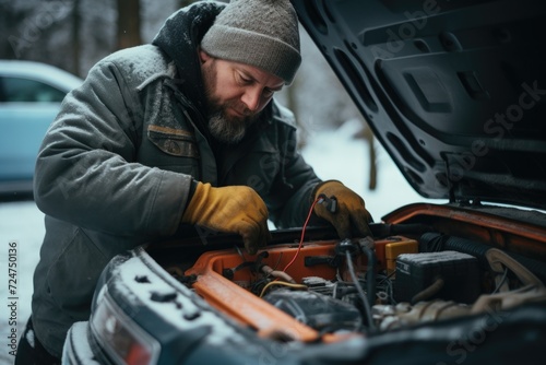 A man is seen working on a car engine in the snowy weather. This image can be used to depict winter car maintenance or repairs