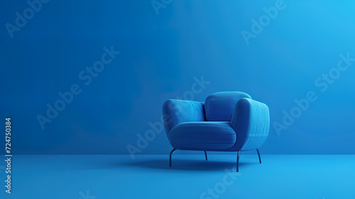 Modern blue armchair with a rounded design and thin black legs, set against a matching blue background, showcasing a minimalist aesthetic. photo