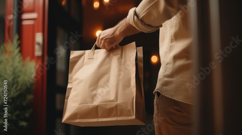A man is holding a brown paper bag. This versatile image can be used to represent concepts such as shopping, groceries, carrying items, and eco-friendly packaging photo