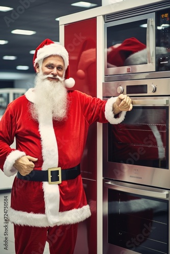 Santa Claus dressed in his iconic red suit standing in front of an oven, ready to deliver delicious treats. Perfect for Christmas-themed designs and holiday promotions