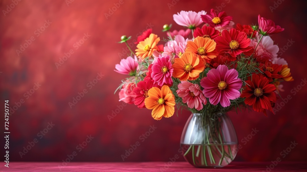  a vase filled with lots of colorful flowers on top of a wooden table next to a red and red wall and a red wall behind it is a vase with a bunch of flowers in it.