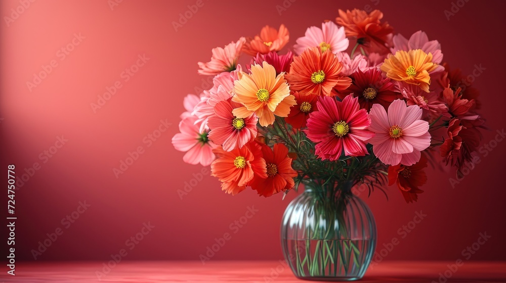 a vase filled with red and orange flowers on top of a wooden table next to a red wall and a red wall behind the vase is filled with orange and pink flowers. a vase filled with red and orange flowers on top of a wooden table next to a red wall and a red wall behind the vase is filled with orange and pink flowers.