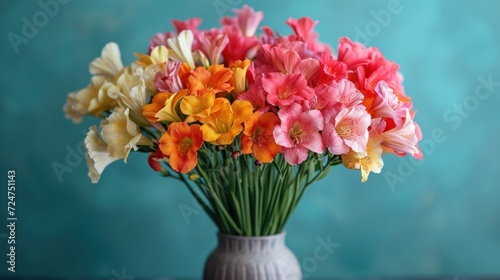  a vase filled with lots of colorful flowers on top of a wooden table with a blue wall behind it and a blue wall behind the vase with a bunch of flowers in it.