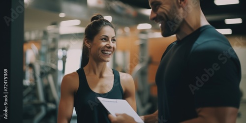 A picture of a man and a woman in a gym. This image can be used to depict fitness, exercise, workout, or partnership