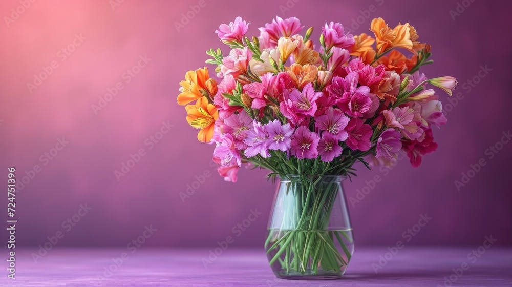  a vase filled with lots of pink and orange flowers on a purple table next to a pink wall and a purple wall behind the vase is filled with lots of pink and orange tulips.