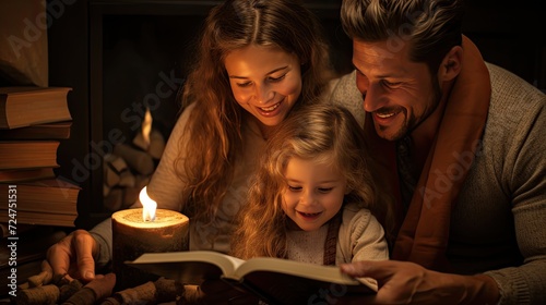 Man and Two Girls Reading Book in Front of Fire, Cozy Family Moment at Home, World Book Day