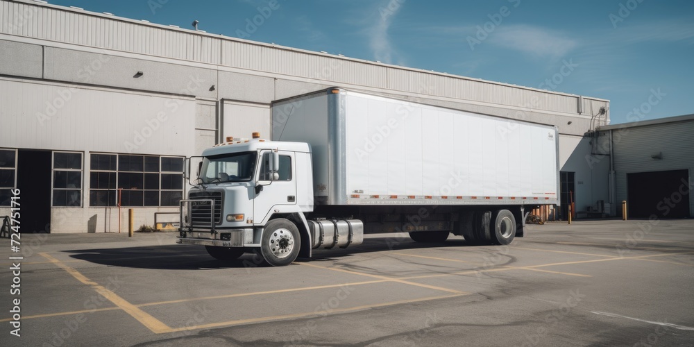 A white truck parked in front of a building. Suitable for transportation, delivery, and logistics themes