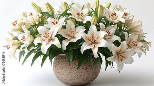  a vase filled with white flowers sitting on top of a white table next to a vase filled with red and white flowers on top of a white table next to a white wall.