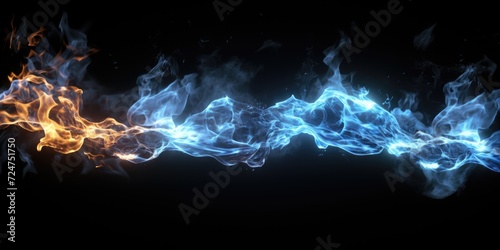 Black background with vibrant blue and orange flames. Ideal for designs related to fire, energy, passion, and creativity
