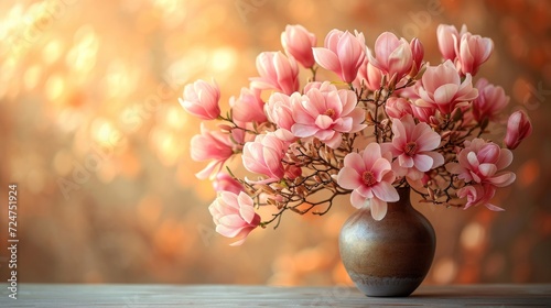  a vase filled with pink flowers sitting on top of a wooden table in front of a blurry background of pink and yellow flowers in the center of the vase.