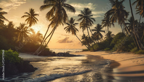 Dzika, tropikalna plaża, zachód słońca. Generative AI photo