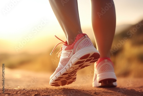 A close-up view of a person's shoes on a dirt road. Perfect for outdoor and adventure themes