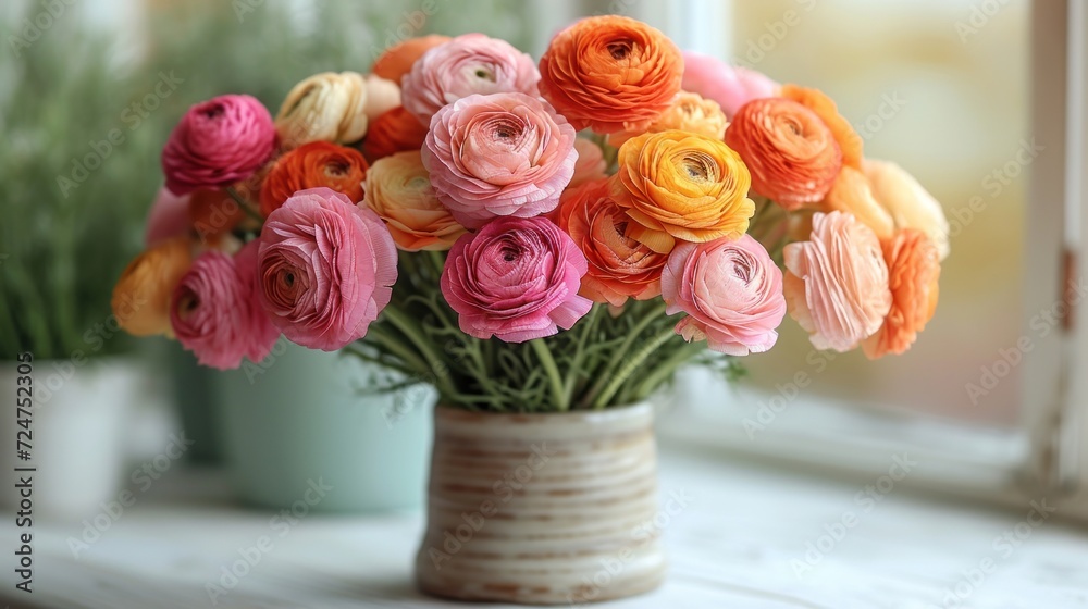 a bouquet of colorful flowers in a vase on a window sill in front of a window sill with a potted plant in the foreground and a window in the background. a bouquet of colorful flowers in a vase on a window sill in front of a window sill with a potted plant in the foreground and a window in the background.