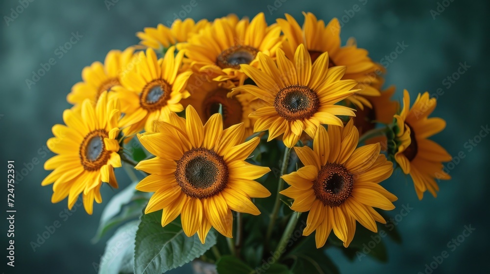 a vase filled with yellow sunflowers sitting on top of a wooden table next to a green wall and a green wall behind the vase is a bouquet of yellow sunflowers. a vase filled with yellow sunflowers sitting on top of a wooden table next to a green wall and a green wall behind the vase is a bouquet of yellow sunflowers.