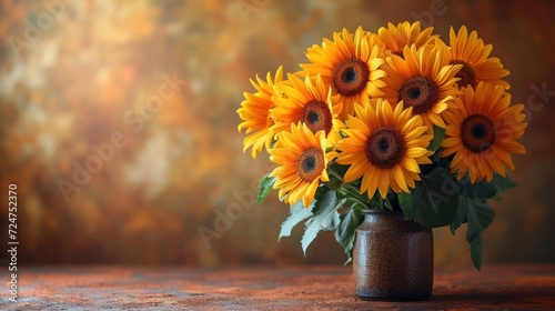 a vase filled with yellow sunflowers sitting on top of a wooden table in front of a brown and yellow wall with a painting of flowers in the background.