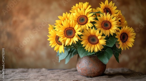  a vase filled with lots of yellow sunflowers on top of a lace covered table cloth on top of a cloth covered table cloth covered with a brown background.