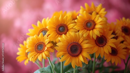  a vase filled with yellow sunflowers sitting on top of a pink and white tablecloth covered tablecloth covered in pink and white flowers behind a blurry background.