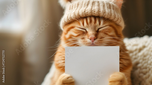 Smiling Cat with Cap Holding Blank Paper, Perfect for Pet Promotions and Creative Projects