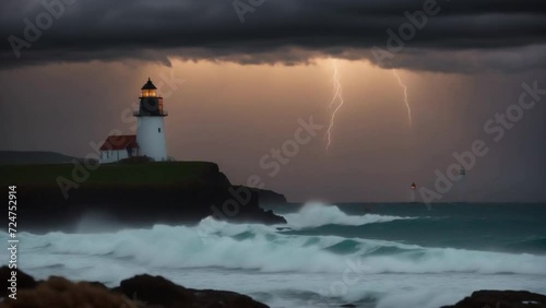 Majestic Lighthouse on Rocky Shore Amidst a Stormy Sky. Generative AI.
