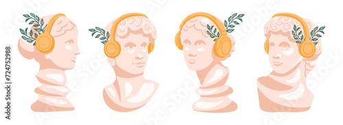Four versions of ancient Greek statues of Venus and David in modern design. Ancient Greek figures with modern orange headphones and green olive leaves.
