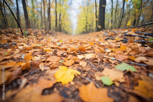 a forest trail covered with fallen autumn leaves
