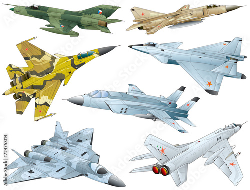 7 types of Russia or soviet modern jet engine fighter image cutout png Illustration set. photo
