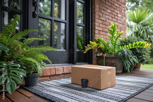Online shopping delivery concept with package left near front door for entrance delivery. photo