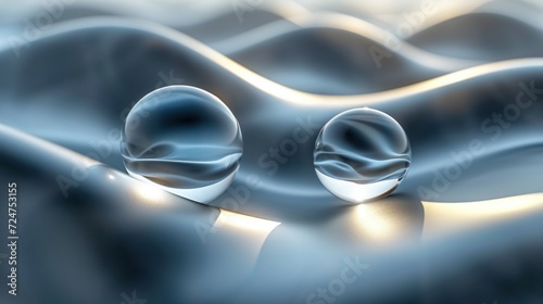  a pair of glass balls sitting on top of a wave of blue and white material with a light reflecting off of the top of the two of the spheres.