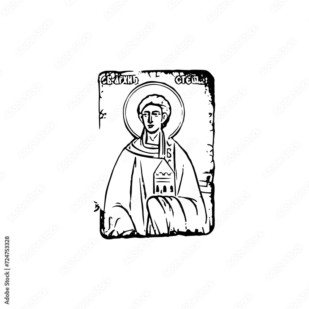 Orthodox vintage stamp of Saint Stephen (name). Christian illustration black and white in Byzantine style 
