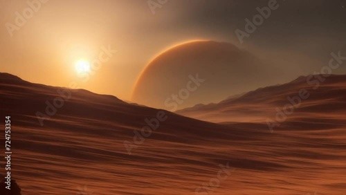 The Sun Sets Over the Horizon of a Distant Planet. Generative AI.
