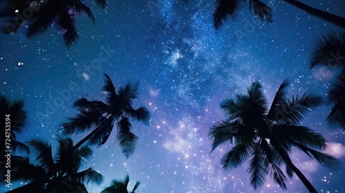 A stunning image of a night sky with palm trees silhouetted against the backdrop of the Milky Way. Perfect for travel, nature, and astronomy themes