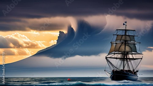 Stormy Ocean: Boat Battling the Waves in the Tempest. Generative AI.