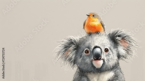  a painting of a koala with a bird on top of it's head and a bird perched on top of it's head, on top of it's head.