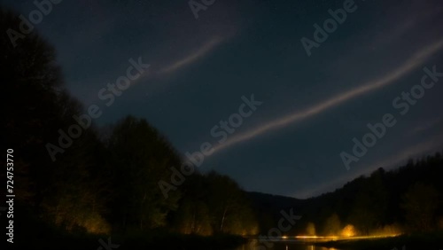 Night Time Picture of a Lake and Trees With Reflections. Generative AI.