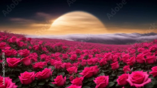 A Field of Pink Roses With a Beautiful Sunset. Generative AI.