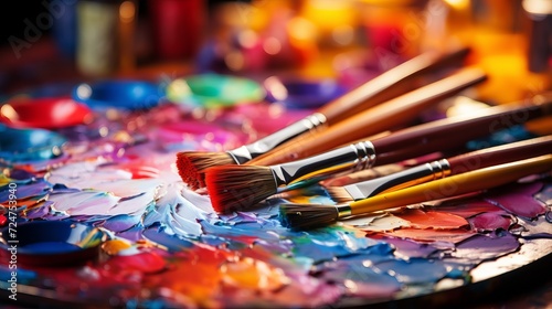 Vibrant artist s palette and paintbrushes with dynamic mix of colors in bright studio lighting.