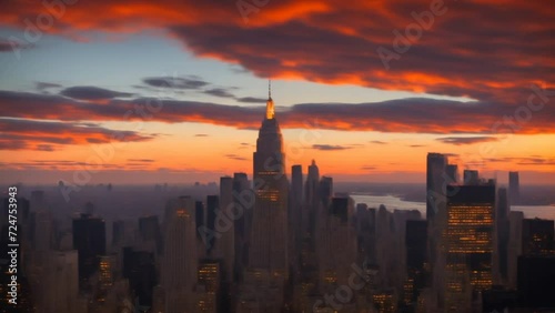 Stunning Sunset Over City Skyline: A Breathtaking View of Urban Lights and Skyscrapers. Generative AI.