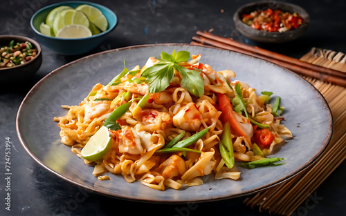 Capture the essence of Pad Thai in a mouthwatering food photography shot
