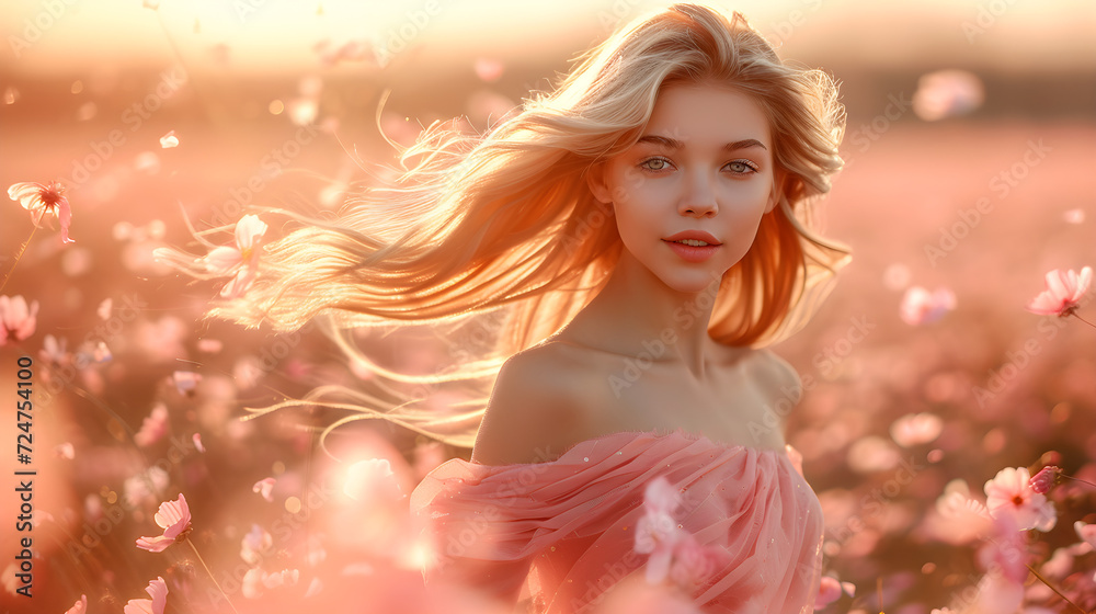 A beautiful young girl dances in nature, surrounded by spring flowers and peach fuzz color swirling around her. A beautiful young girl dances in nature, surrounded by spring flowers and peach fuzz color swirling around her.