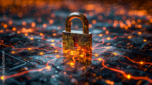 A glowing digital lock symbolizing data encryption on an electronic circuit board background.
