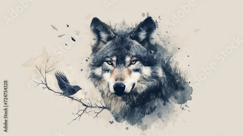  a watercolor painting of a wolf with a bird on it's back and a tree branch in the foreground with a bird on it's side.