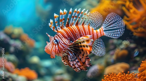  a close up of a red and white fish in an aquarium with orange corals and other corals in the foreground and a blue sky in the background.