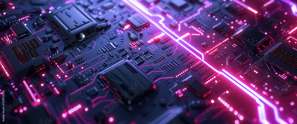 abstract background circuit technology colorful science, microchip mainboard, purple pink color, background ultra wide 21:9