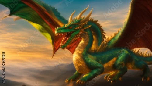 Majestic Green and Red Dragon Soaring Through a Cloudy Sky. Generative AI.
